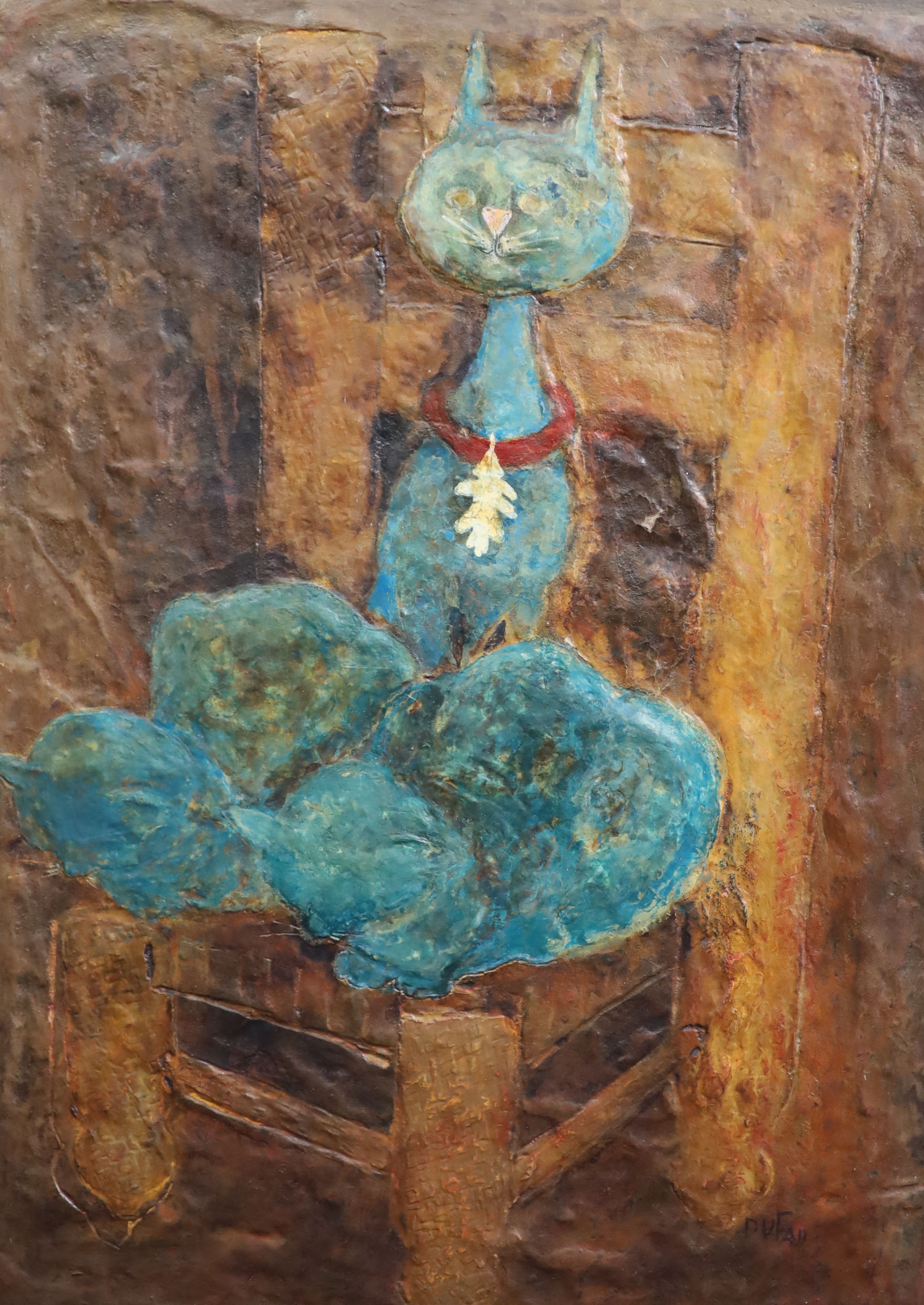 Paul Dufau (French, 1897-1989), Les Chats Bleu, Mixed media on board, 119 x 86cm. Unframed.